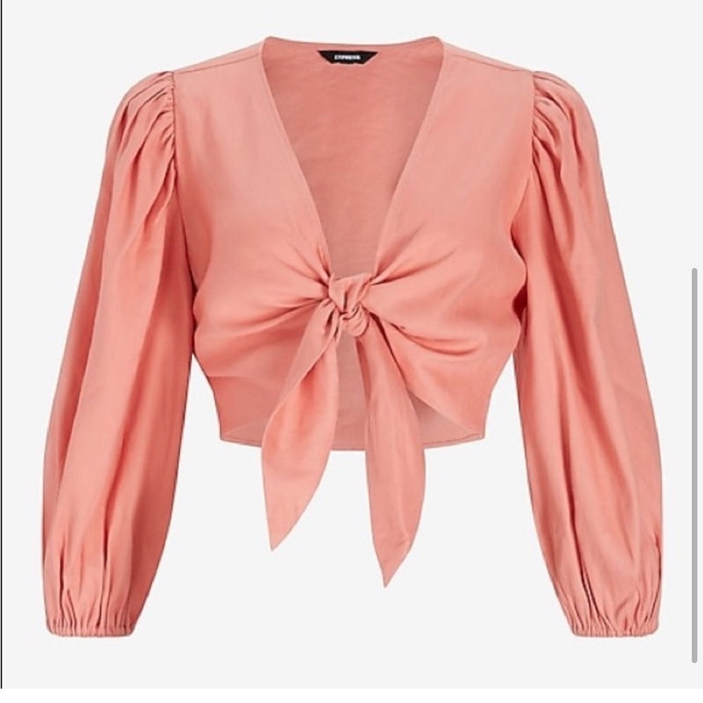 Express Peach Tie-Front Puff Sleeve Blouse